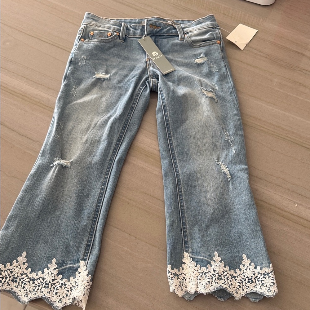Tractr Light Blue Flare Jeans with Lace Detail